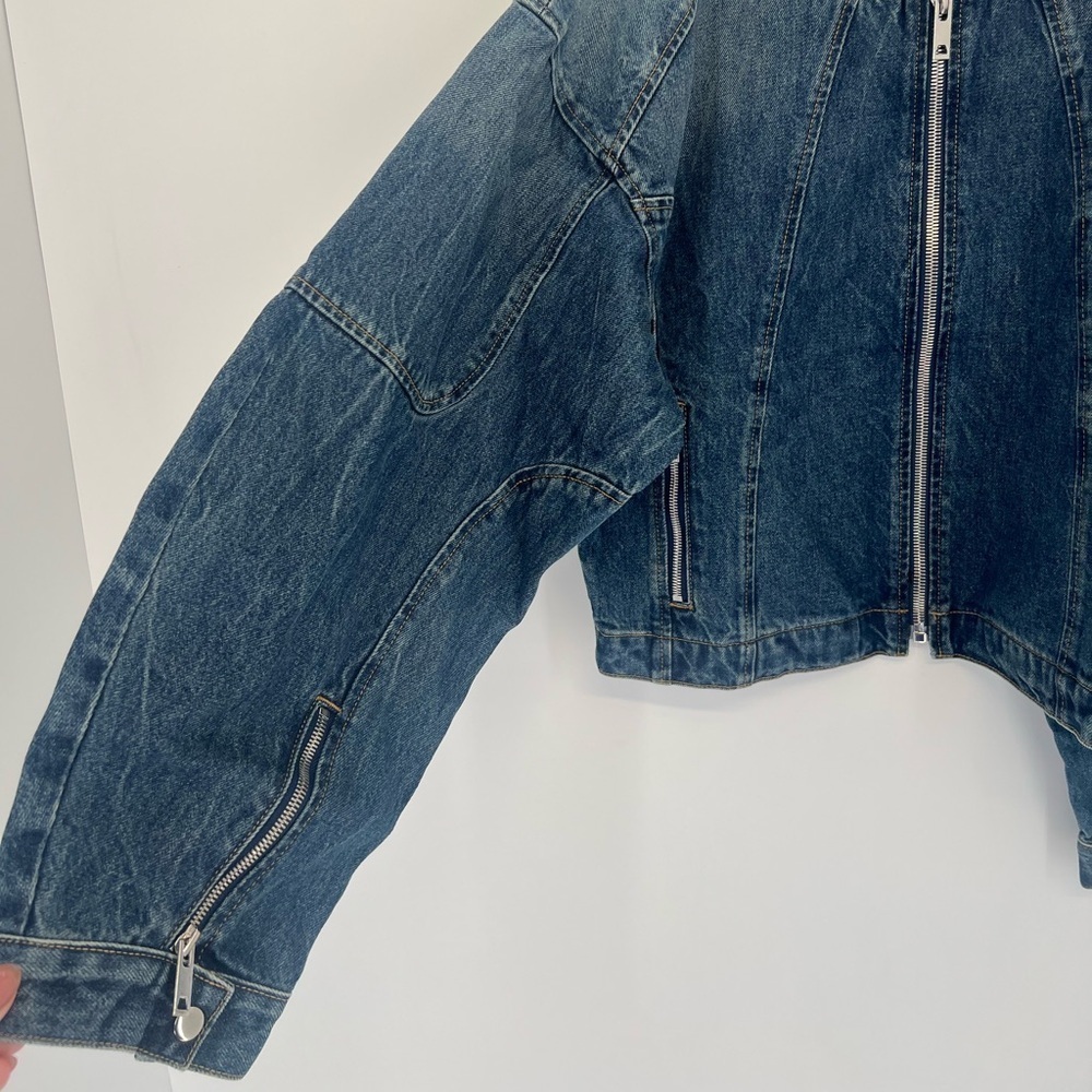 EB Denim Logan Denim Racer Moto Vintage Inspired Wide Tapered Sleeve Zip Jacket - Picture 5 of 9